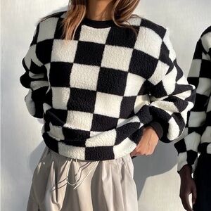 OAK + FORT Monochrome Checkered Sweater Fleece Crew